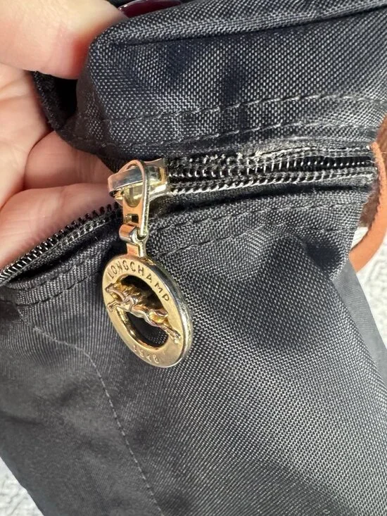 Longchamp Le Pliage Mini Backpack Black Canvas Brown Leather Flap - Picture 12 of 15